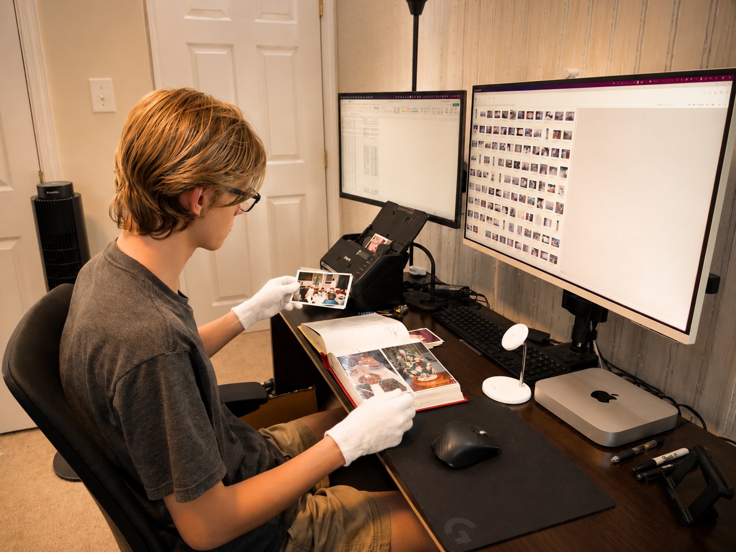 The archivist digitizing a family photo album at the scanning bench in the Severna Park studio